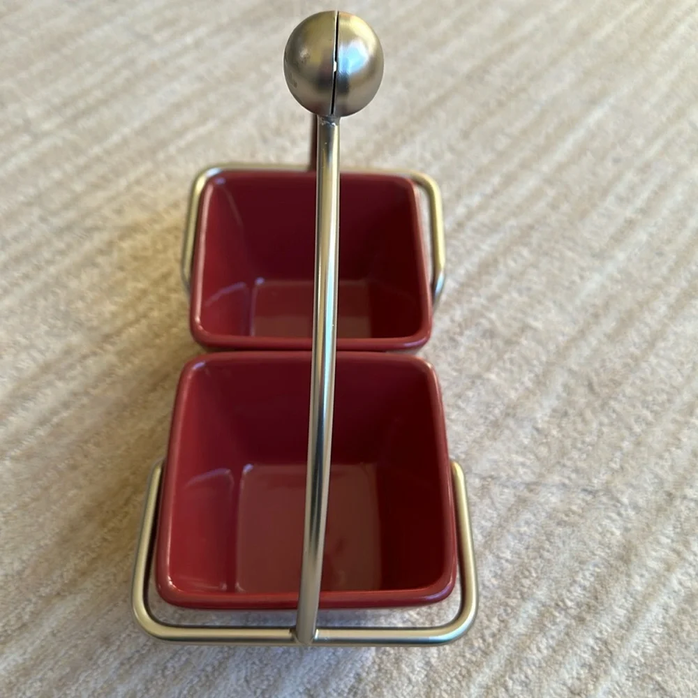 PAMPERED CHEF Simple Additions Silver Caddy w/ 2 Square Cranberry Bowls